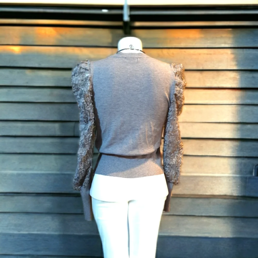 Fitted puff arm knit jumper with embellished mesh sleeves, UK size 10 12, AS NEW - Picture 1 of 12